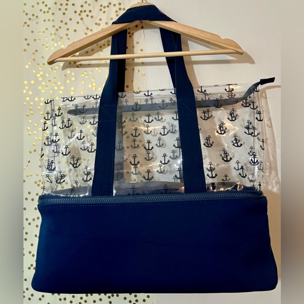 Navy Blue Anchor Print Transparent & Insulated Beach Nautical Tote Bag